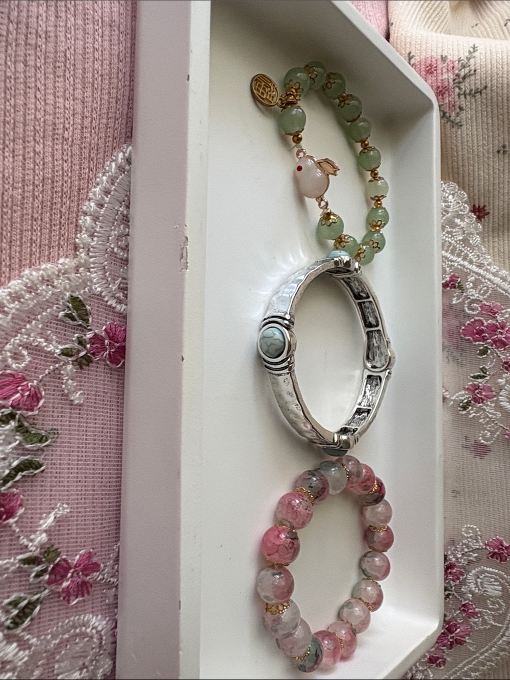 Delicate Pink and Green Bead Bracelet Set - Elegant Women's Jewelry